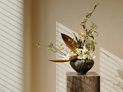 Ceramic Vase With White Lilies Green Leaves And Dried Branches On Wooden Stand In Sunlight Shadow Patterns 3d model