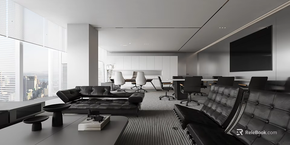 Modern Office Interior With Black Leather Sofas Desks White Cabinetry Large Windows And TV Screen 3d model 