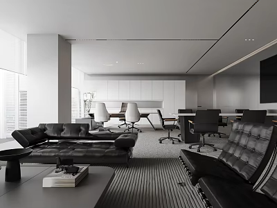 Modern Office Interior With Black Leather Sofas Desks White Cabinetry Large Windows And TV Screen 3d model