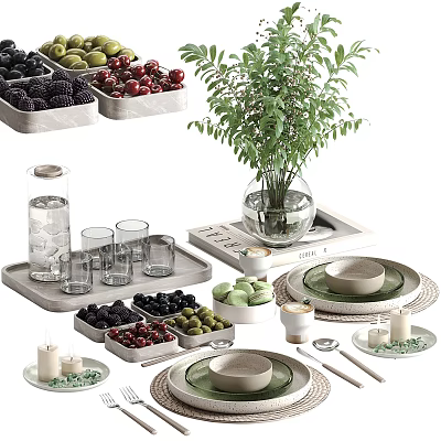 Stylish Tableware Set With Plates Bowls Glasses Tray And Fresh Fruits 3d model