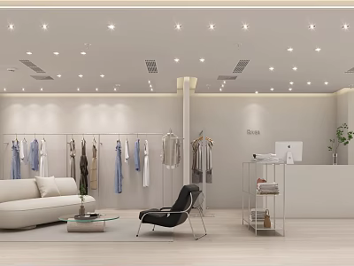 Modern Clothing Store Interior Design With Clothes On Racks Sofa Chair Reception Desk And Plant 3d model