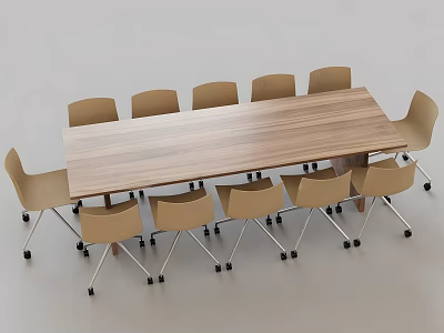 Long Wooden Conference Table With Rolling Chairs In Modern Office Setting 3d model