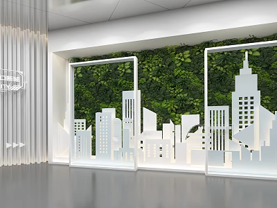 Modern Interior Design With Green Plant Wall And White City Building Silhouettes 3d model