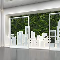 Modern Interior Design With Green Plant Wall And White City Building Silhouettes
