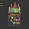 Traditional Decorative Wooden Altar Furniture Featuring Red Golden Roof And Multi Tiered Shelves With Deities
