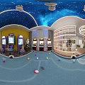 Starry Sky Ceiling Leisure Space Interior With Circular Bookshelf Dining Table Bar Counter And Stools 3d model