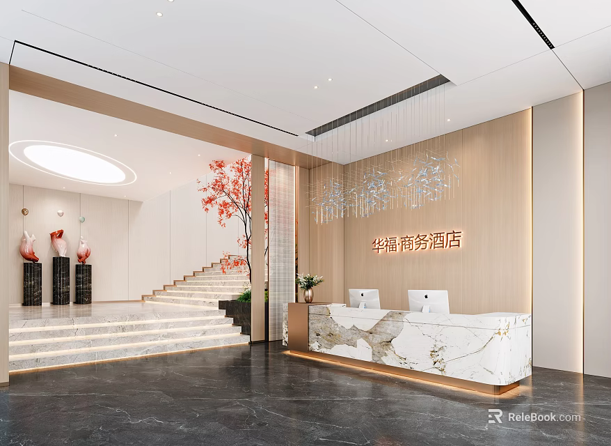 Modern Hotel Lobby With Marble Reception Desk Staircase Decorative Vases And Red Flowering Branches 3d model 