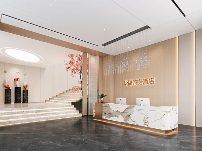 Modern Hotel Lobby With Marble Reception Desk Staircase Decorative Vases And Red Flowering Branches 3d model