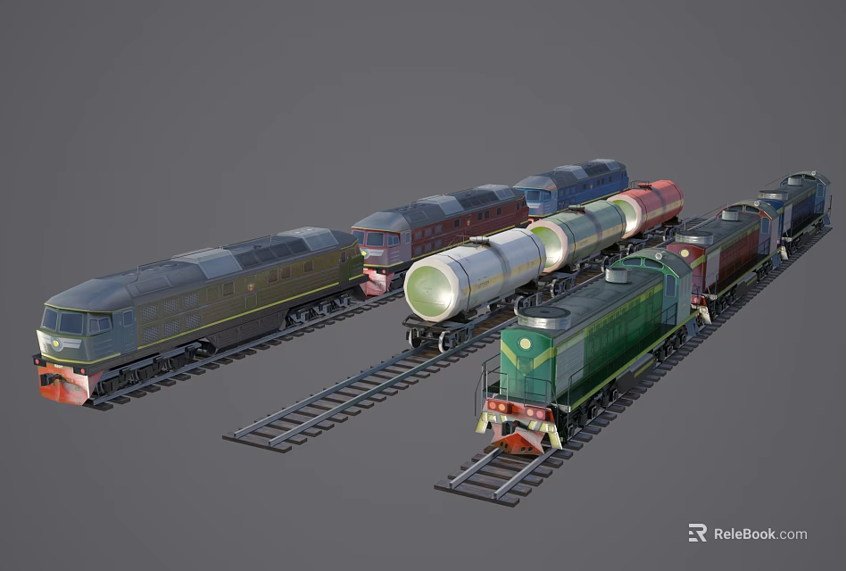Various Types of Trains With Locomotives and Railway Carriages on Rail Tracks 3d model 