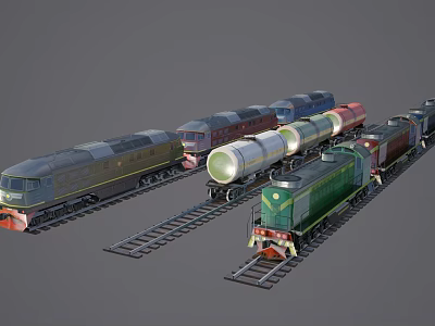 Various Types of Trains With Locomotives and Railway Carriages on Rail Tracks 3d model
