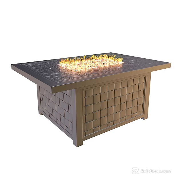 Square Metal Outdoor Table With Fire Pit Flames And Woven Side Design 3d model 