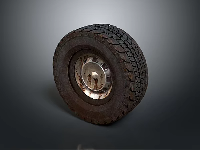 Car Tire With Worn Tread And Rusty Metal Wheel Hub Closeup 3d model