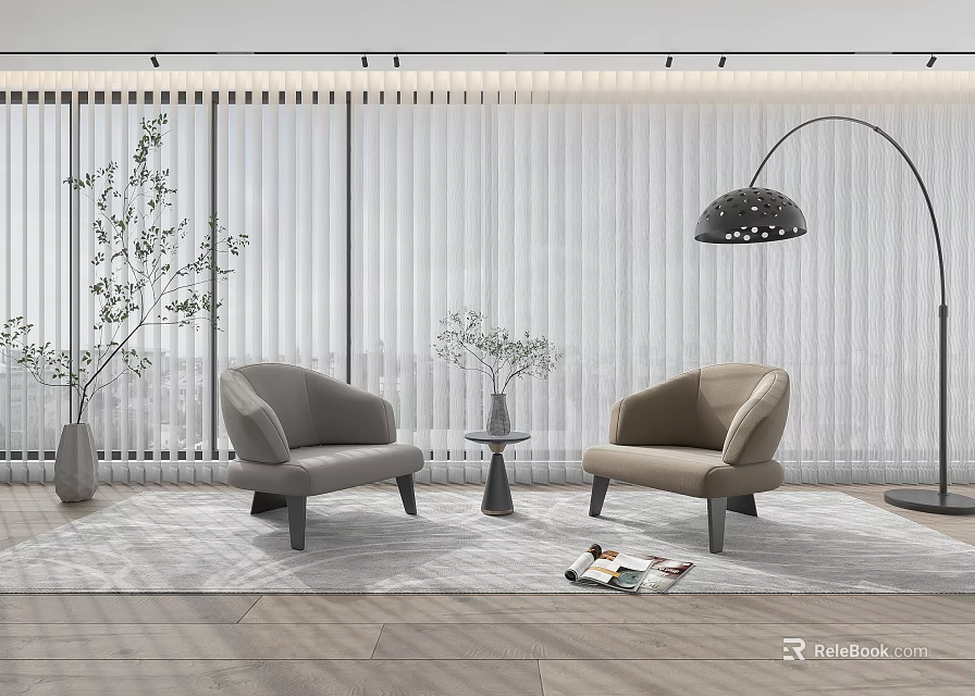 Leisure Sofa Set with Two Light Chairs Floor Lamp Green Plant and Modern Blinds 3d model 