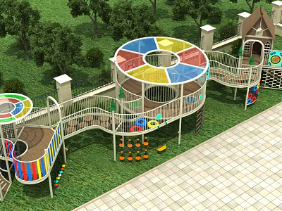 Playground Equipment With Colorful Circular Structures Slides Fences Lawn And Trees In Outdoor Setting 3d model