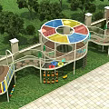 Playground Equipment With Colorful Circular Structures Slides Fences Lawn And Trees In Outdoor Setting
