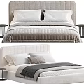 Upholstered Double Bed With Ribbed Headboard White Pillows Gray Blanket And Black Side Table 3d model