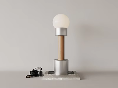 Modern Table Lamp With Spherical Bulb Wooden Stem And Vintage Camera On RAW WALL Book 3d model