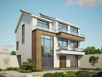 Two Story Modern Detached Villa With Large Glass Windows Wooden Accents Balconies And Greenery 3d model