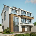 Two Story Modern Detached Villa With Large Glass Windows Wooden Accents Balconies And Greenery