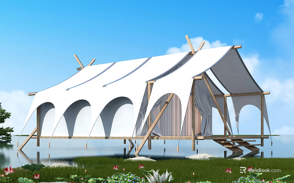 White Tensile Membrane Structure Over Waterfront with Wooden Supports Grassland Flowers and Blue Sky Background 3d model 
