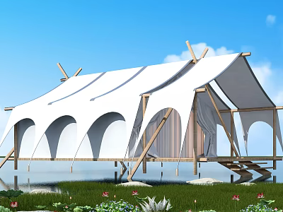 White Tensile Membrane Structure Over Waterfront with Wooden Supports Grassland Flowers and Blue Sky Background 3d model