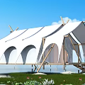 White Tensile Membrane Structure Over Waterfront with Wooden Supports Grassland Flowers and Blue Sky Background