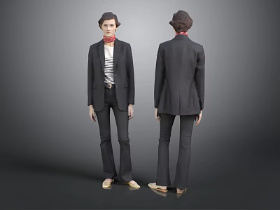 Woman in Formal Suit with Scarf and Hat Front and Back Views 3d model
