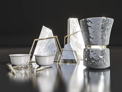 Geometric Decor Ornament Set With Marble Metal Frames Bowls Dried Flowers On Shiny Dark Surface 3d model