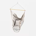 Hanging Hammock Chair With Beige Woven Material Wooden Crossbar And Gray Cushion Tassel Decoration
