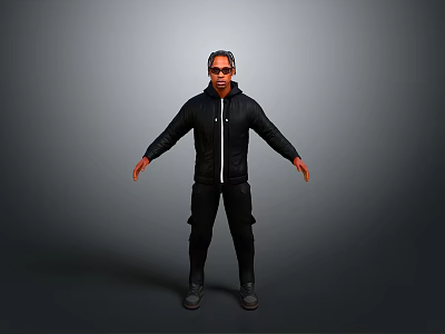 Man Wearing Sunglasses In Black Jacket And Pants Standing With Arms Outstretched Against Gray Background 3d model