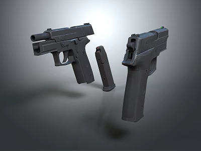 Two Black Pistols With Magazine In Detailed Display On Gray Background 3d model