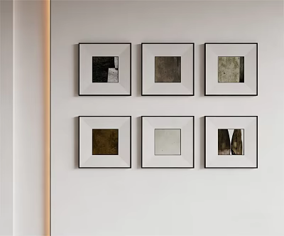 Six Framed Textured Abstract Artworks on White Wall with Black Frames 3d model