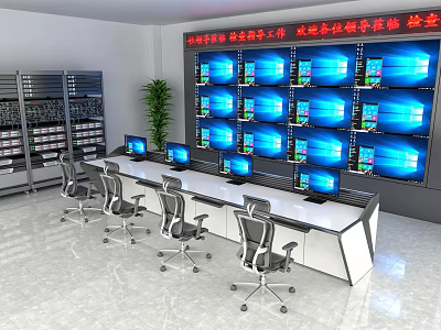 Security Control Room With Multiple Monitoring Screens Control Console Chairs And Large Wall Mounted Displays 3d model