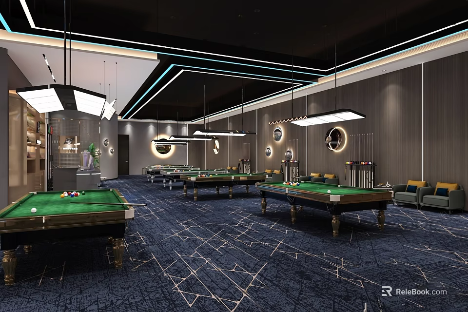 Elegant Billiard Room Interior With Green Tables Modern Lighting And Blue Patterned Carpet 3d model 