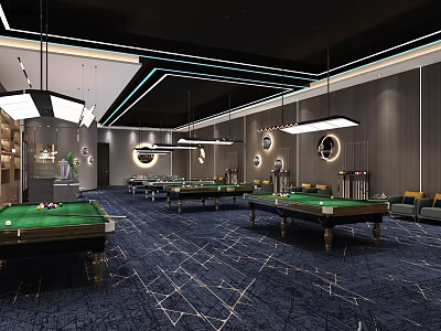 Elegant Billiard Room Interior With Green Tables Modern Lighting And Blue Patterned Carpet 3d model
