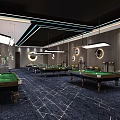 Elegant Billiard Room Interior With Green Tables Modern Lighting And Blue Patterned Carpet
