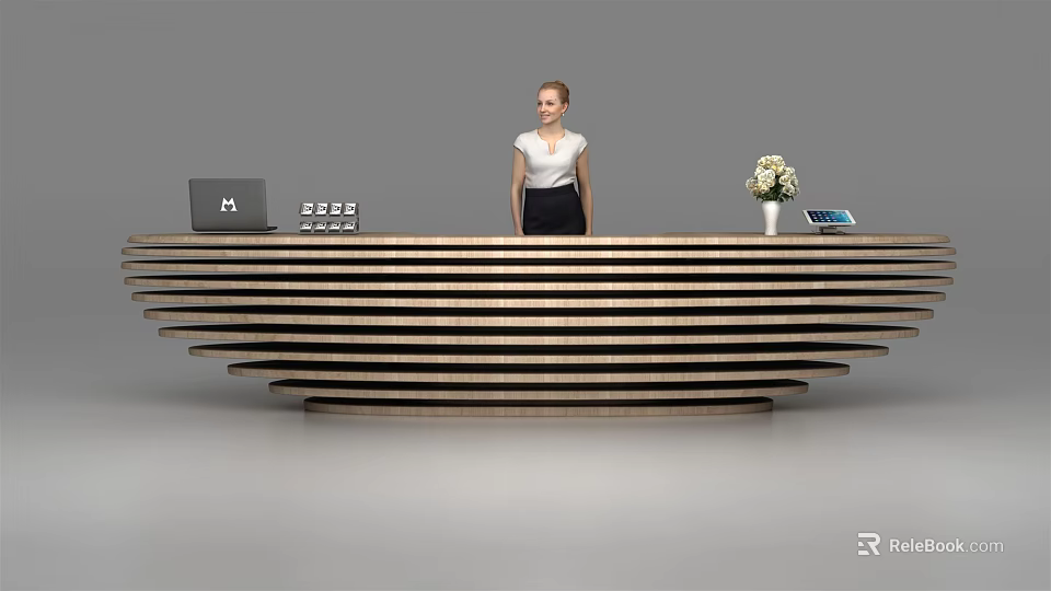 Modern Curved Wooden Reception Desk with Laptop Flower Vase and Tablet 3d model 
