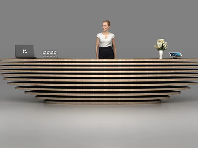 Modern Curved Wooden Reception Desk with Laptop Flower Vase and Tablet 3d model