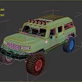 Light Green Off Road Vehicle With Large Tires Roof Rack And Red Lights
