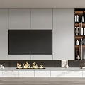 Modern TV Background Wall Design With Gray Cabinets Open Shelves And Fireplace Accent