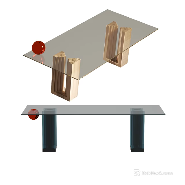 Modern Glass Top Dining Table With Wooden And Dark Legs And Red Decorative Ball 3d model 