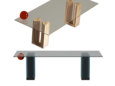 Modern Glass Top Dining Table With Wooden And Dark Legs And Red Decorative Ball 3d model