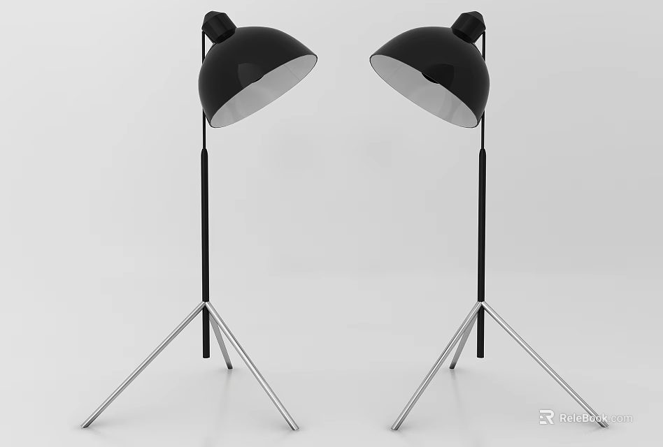 Two Modern Floor Lamps With Black Shades And Silver Tripod Bases 3d model 