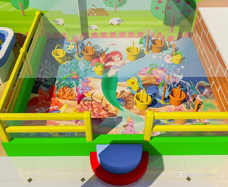Colorful Kids Play Zone With Ocean Theme Pattern Shovels Buckets And Blue Stool 3d model 