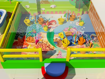 Colorful Kids Play Zone With Ocean Theme Pattern Shovels Buckets And Blue Stool 3d model