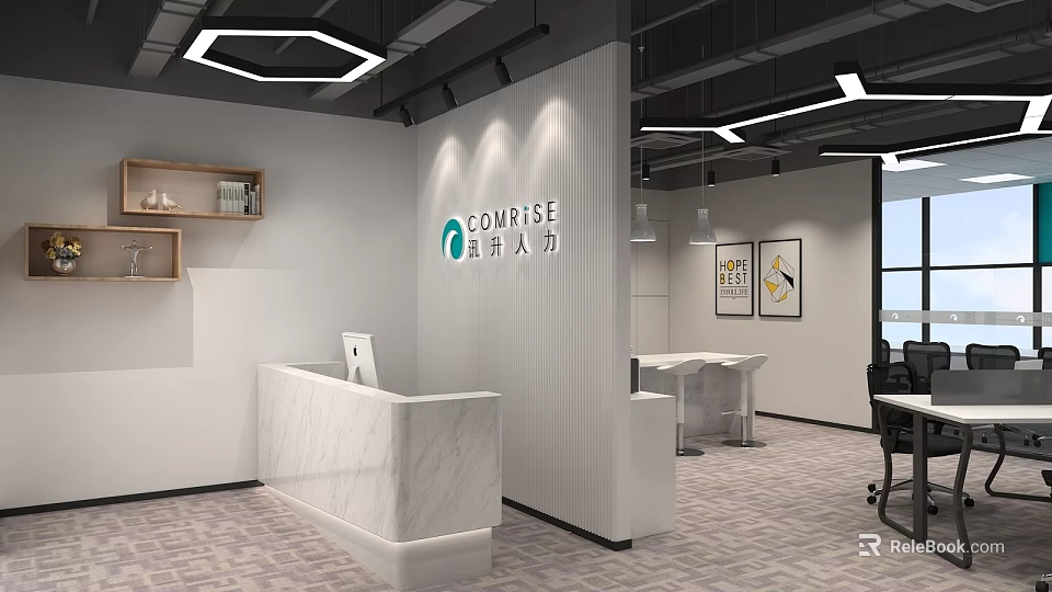 Modern Office Interior With Marble Reception Desk Company Logo Open Layout Hanging Lights And Workspace 3d model 