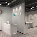 Modern Office Interior With Marble Reception Desk Company Logo Open Layout Hanging Lights And Workspace