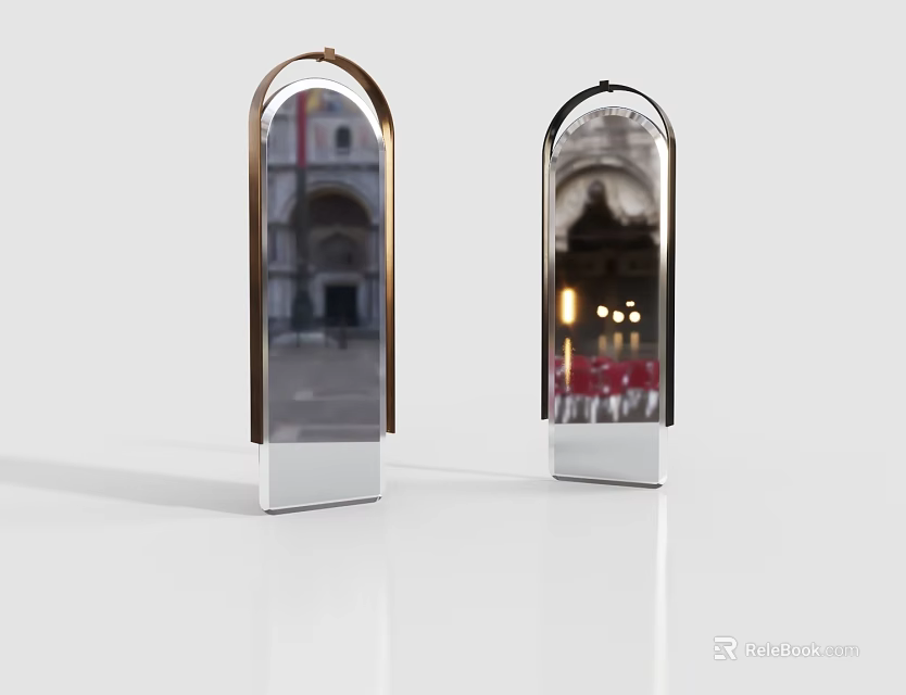 Modern Arched Mirrors With Metal Frames And White Bases Reflecting Scenes 3d model 