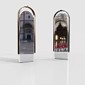 Modern Arched Mirrors With Metal Frames And White Bases Reflecting Scenes