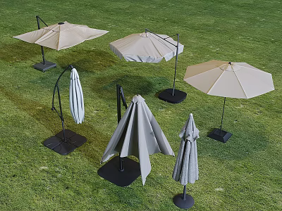 Outdoor Sunshade Umbrellas on Green Grass Various Designs Beige Gray Striped Black Base Stands 3d model